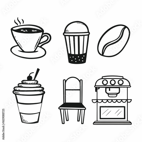 Coffee doodles isolated on white background featuring various coffee drinks and coffee making equipment