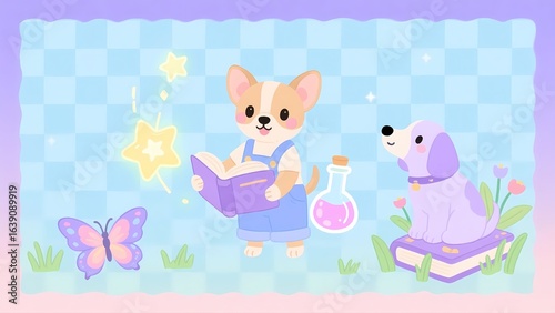 Cute cartoon illustration of dogs with magic and reading elements.