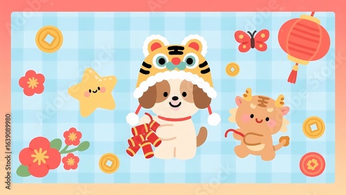 Cute cartoon illustration with Chinese traditional elements, featuring dog in tiger hat and ox.