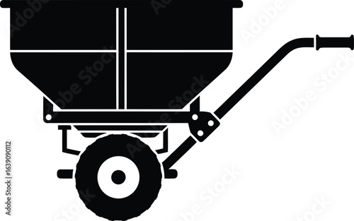 Black silhouette of fertilizer spreader, a lawn and garden equipment for seed and fertilizer application, essential tool for yard maintenance and agriculture