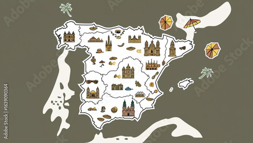 Illustrated Travel Map of Spain with Landmarks and Cultural