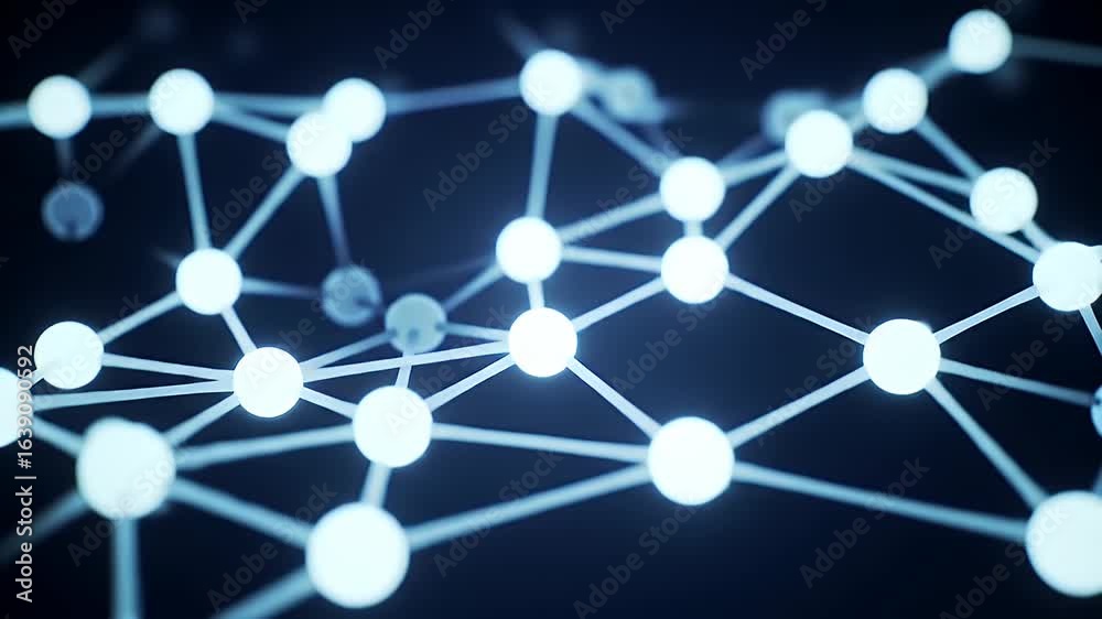 Abstract Molecular Network Connecting Nodes With Blue Light On Black Backdrop Showing Global Digital Communication And Data Transfer