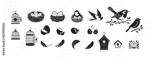 Vintage Bird and Nest Vector Icon Collection: A Black and White Engraving-Style Set of Birdcages, Nests with Eggs, Feathers, and Birdhouses for Rustic Designs.