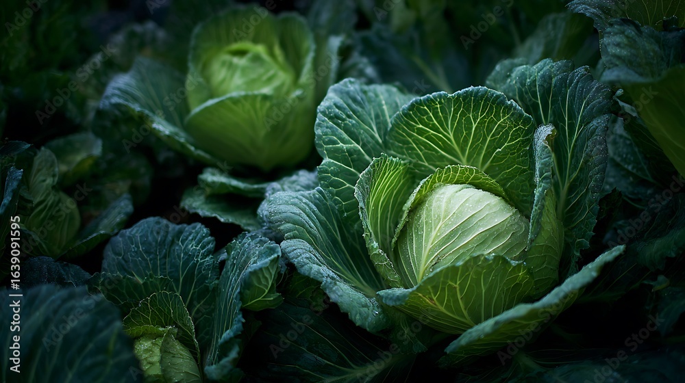 Fototapeta premium Cabbage Patch with Fresh Green Vegetables Growing