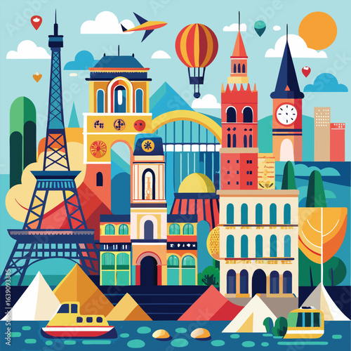 Vibrant Cityscape Illustration: Travel, Architecture, Landmark Art