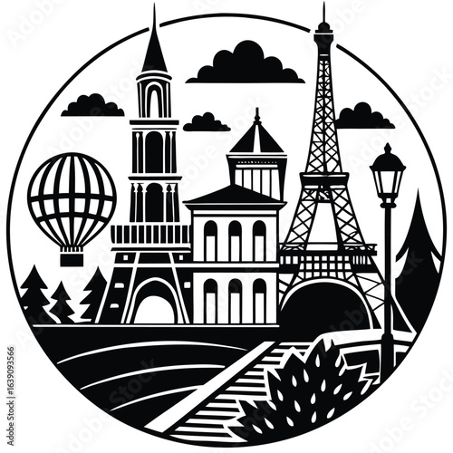 Parisian Skyline: Black and White Cityscape Illustration