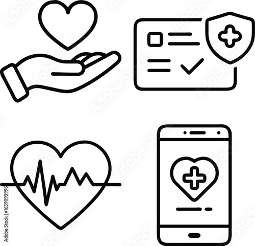 A collection of four simple black and white line art icons depicting healthcare concepts: a hand holding a heart, an insurance card with a shield, a heart with a cardiogram, and a smartphone with a he