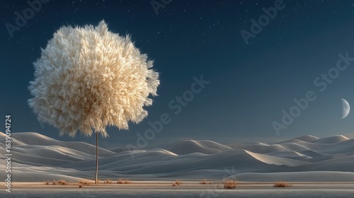 Surreal Night Landscape with Giant Dandelion Clock Tree