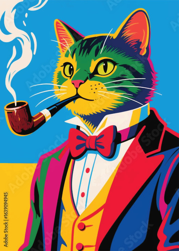 colorful cat in formal costume wearing sunglasses smoking a pipe Illustrator Artwork