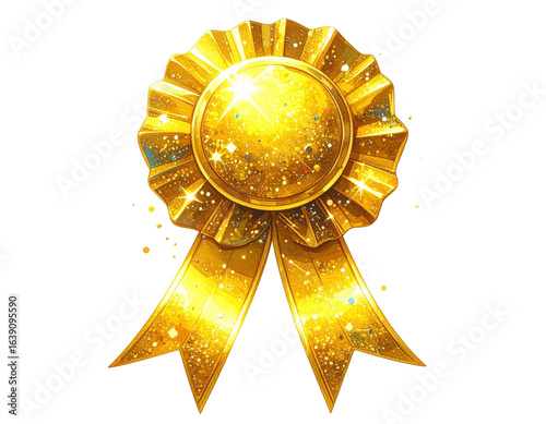 Glittering gold award ribbon with a pleated rosette and sparkling details watercolor style.