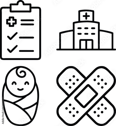 A collection of four hand-drawn icons depicting a medical chart, hospital, swaddled baby, and crossed bandages, symbolizing healthcare and childbirth.