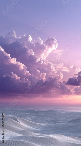 Violet Sunset over Ocean Beach with Purple Clouds