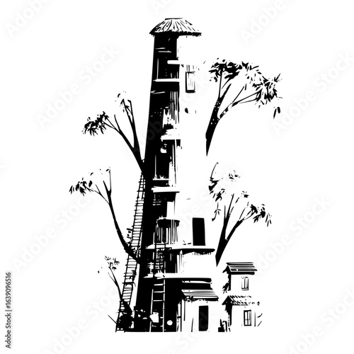 A black and white illustration of a tall structure with ladders and trees surrounding it nicely