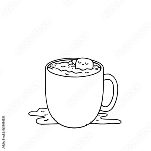A cup of hot chocolate with marshmallows and a cute marshmallow face in a simple black and white drawing