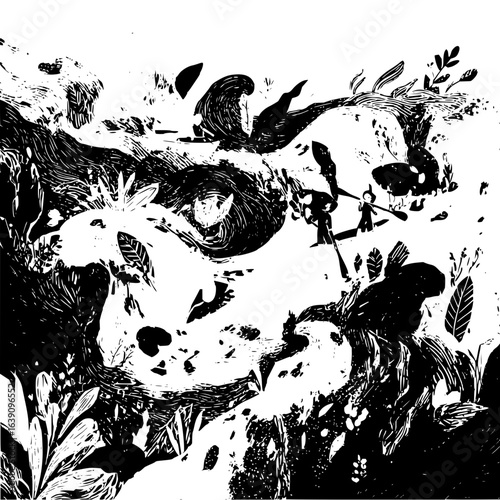 Two figures in a boat on water surrounded by dense vegetation in a black and white illustration