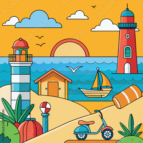 Summer Beach Scene: Lighthouse, Seascape, Sunset, Vacation Illustration