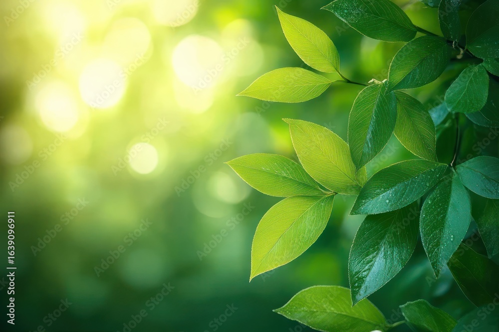 Obraz premium Fresh green leaves illuminated by soft sunlight with dew drops against a blurred natural background