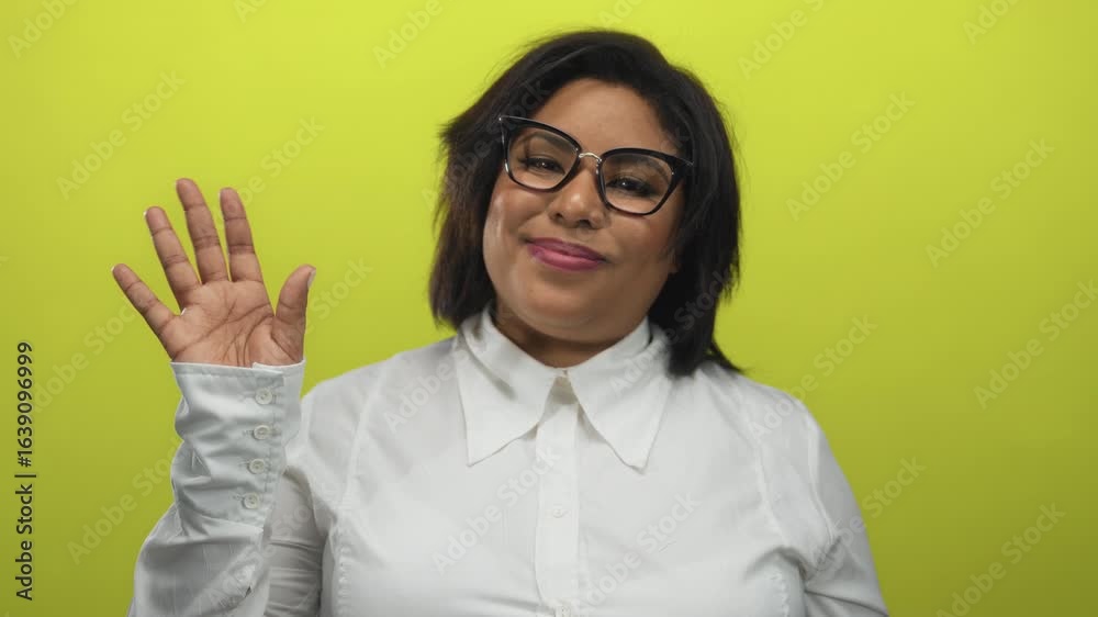 Woman waving on a vibrant yellow background dressed in a white shirt, showcasing a friendly demeanor, with clear eyeglasses, suggesting a cheerful, approachable interaction. Woman waving on a vibrant yellow background dressed in a white shirt, showcasing a friendly demeanor, with clear eyeglasses, suggesting a cheerful, approachable interaction.