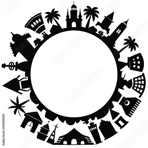 World Landmarks Silhouette: Circular Design Element for Travel, Tourism, and Global Concepts