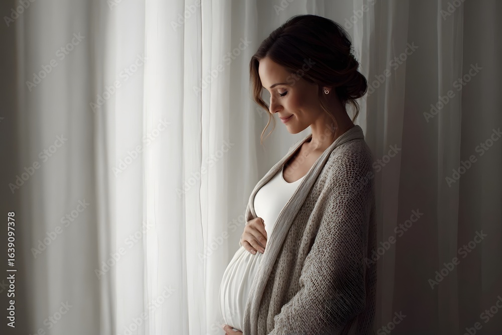 A pregnant woman stands near a window, holding her belly. A pregnant woman stands near a window, holding her belly.