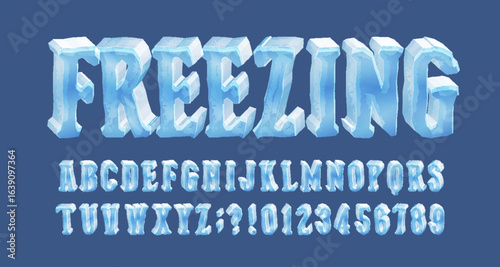 Freezing alphabet font. 3d cartoon ice letters and numbers. Stock vector hand drawn typescript for your typography design.