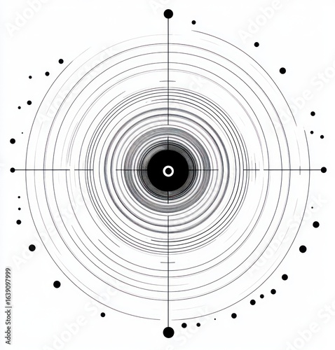 Abstract black and white circular target with concentric lines and scattered dots radiating from the center creating a sense of focus and precision