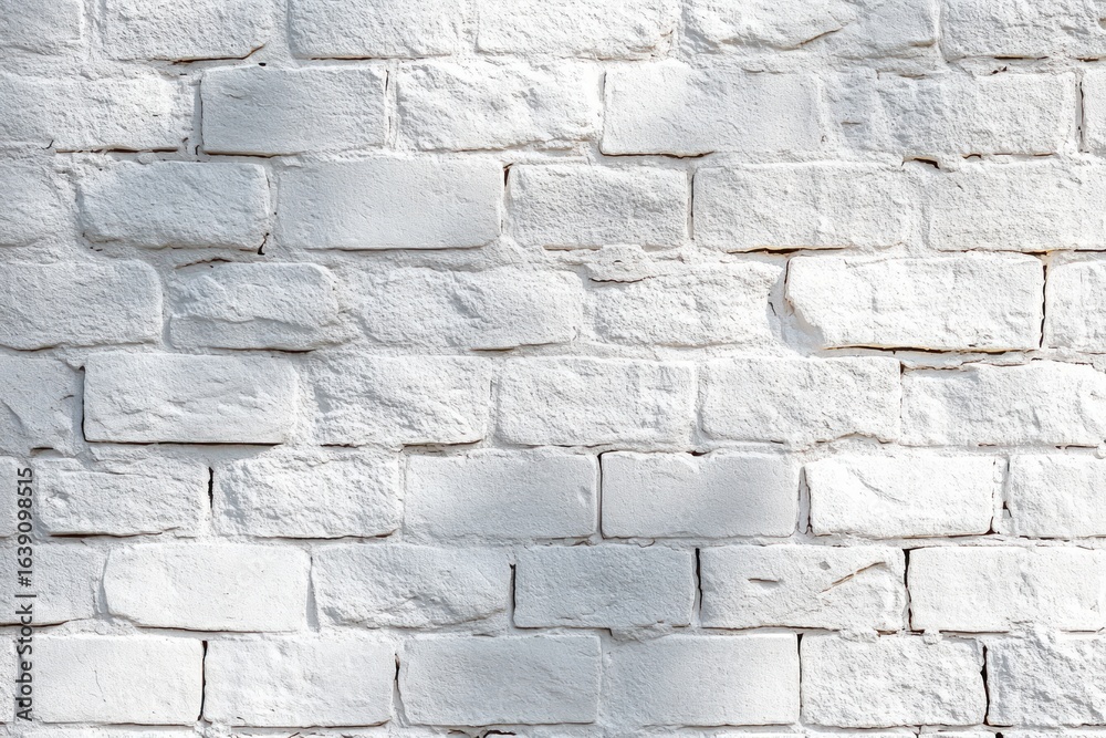 Close-up of a white painted brick wall with rough texture and visible mortar lines under natural light Close-up of a white painted brick wall with rough texture and visible mortar lines under natural light