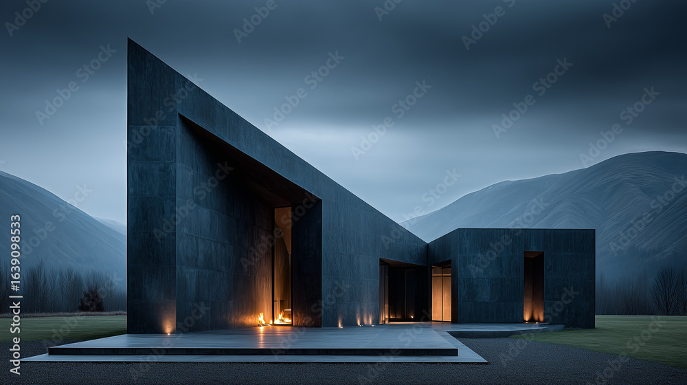 Fototapeta premium Beautiful black modern house sqare shape design , dark mood.
