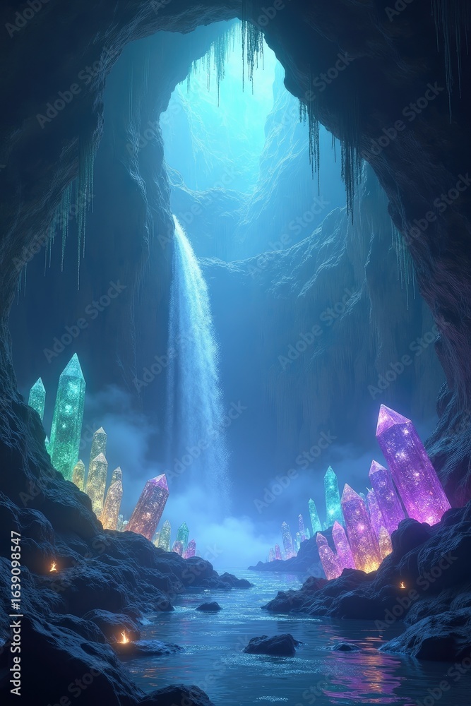 Obraz premium A digital illustration of a hidden, glowing crystal cave with a waterfall