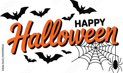 Happy Halloween Vector Design with Bats, Spider, and Web in Festive Orange and Black Typography for Spooky Holiday Decorations