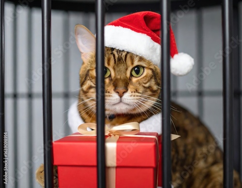 A cute cat wearing a Santa hat and prison outfit isolated on a white backdrop. Festive feline in striped costume blank background holiday pet image.