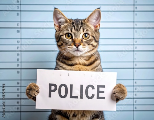 portrait of a cat bad news tabby illustration of naughty kitty behavior biting clawing eating dogs food do what i want attitude timeout prison concept. Funny feline problem pet owner