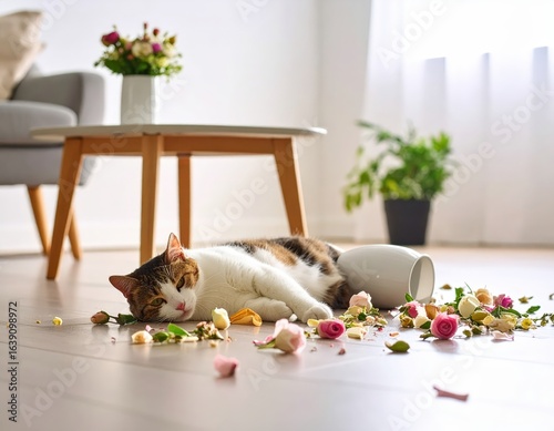 Knocked Over Vase with Flowers Scattered Show a small vase knocked over on a side table with flowers scattered around it hinting at an innocent cats playful accident. Upset pot plant