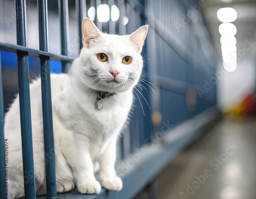 Mischievous Felon A Playful Bad Cat at the Police Station Captured in a Whimsical Photo. Funny kitty cute animal cause problem at local law enforcement office picture show silly pet