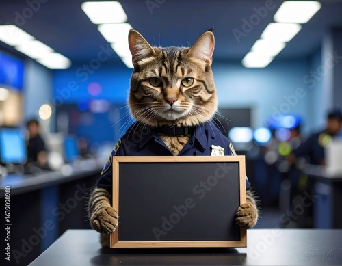 Mischievous Felon A Playful Bad Cat at the Police Station Captured in a Whimsical Photo. Funny kitty cute animal cause problem at local law enforcement office picture show pet do silly