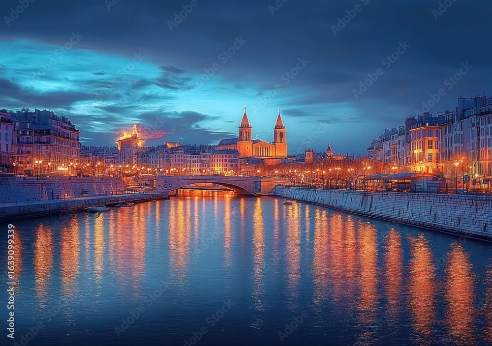 Obraz premium Evening cityscape with illuminated historic buildings and bridges reflecting on calm river under a dramatic blue sky
