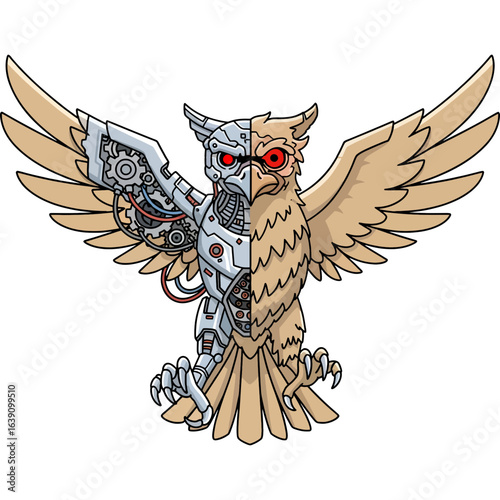 A cyborg owl illustration with a robotic half and a natural half, symbolizing the fusion of technology and nature.