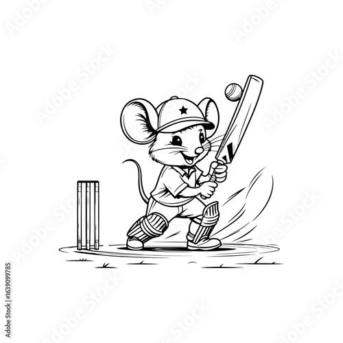 A fun children's drawing of a cricket game, where a mouse is shown as a player. The character of the little mouse playing cricket in the middle of the field, which looks very attractive with its cap a