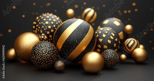 Collection of black and gold spherical objects with varying geometric patterns creating an elegant and festive ambiance on a dark background
