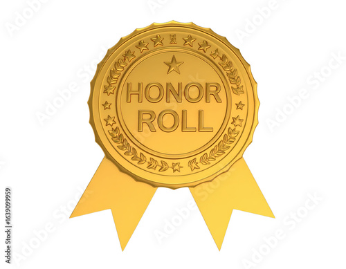 Shiny gold Honor Roll award medal with embossed stars laurel wreath and ribbons.