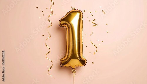 Gold balloon shaped like the number “1” surrounded by scattered gold confetti—set against a light background to highlight a first birthday or milestone celebration.