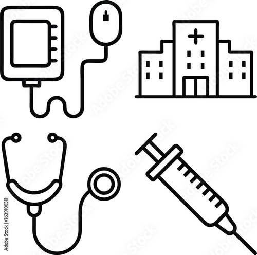 A collection of four simple black and white line art icons representing medical equipment and a hospital building.