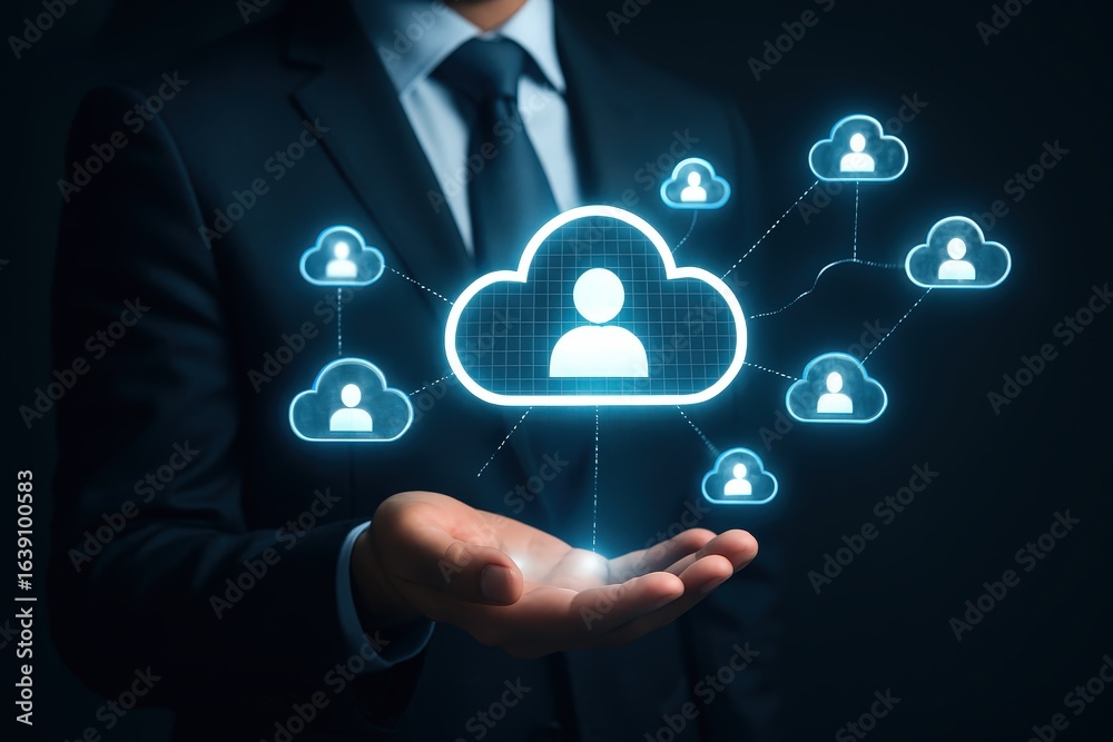 Holographic cloud computing network held in a hand. Holographic cloud computing network held in a hand.