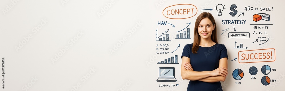Fototapeta premium Confident businesswoman standing beside marketing strategy doodles with charts and graphs on clean white background for concept promotion banner.