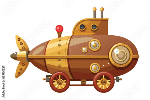 Whimsical steampunk submarine cartoon illustration of fantasy vehicle for kids creative designs and imaginary nautical adventures exploring oceanic depths