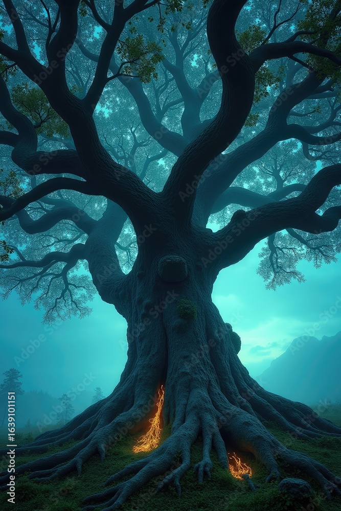 Fototapeta premium A giant, ancient tree with glowing roots extending into the earth