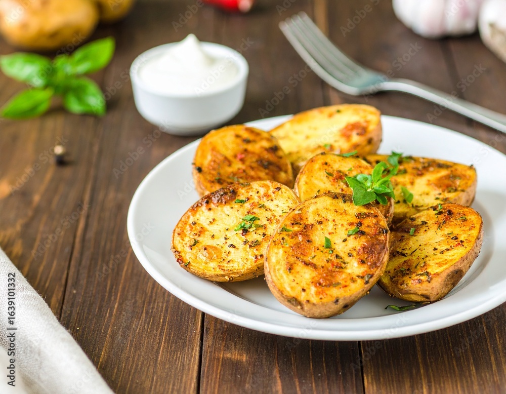 Spicy baked potatoes in a white plate on a table Spicy baked potatoes in a white plate on a table
