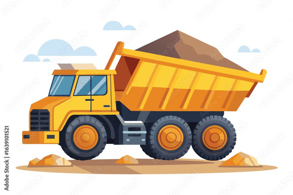 Heavy duty yellow dump truck vector illustration with dirt load construction vehicle in action transporting soil for building projects and site development Heavy duty yellow dump truck vector illustration with dirt load construction vehicle in action transporting soil for building projects and site development