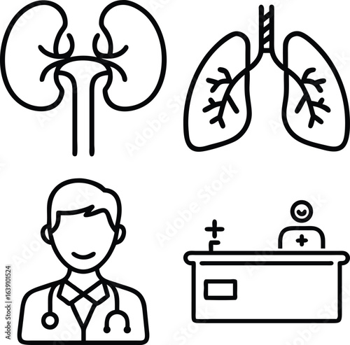 A set of four simple line art icons depicting kidneys, lungs, a doctor, and a medical reception area.