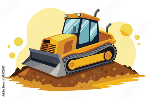 Cartoon bulldozer excavating soil with stylized yellow background construction vehicle for heavy equipment and industrial projects